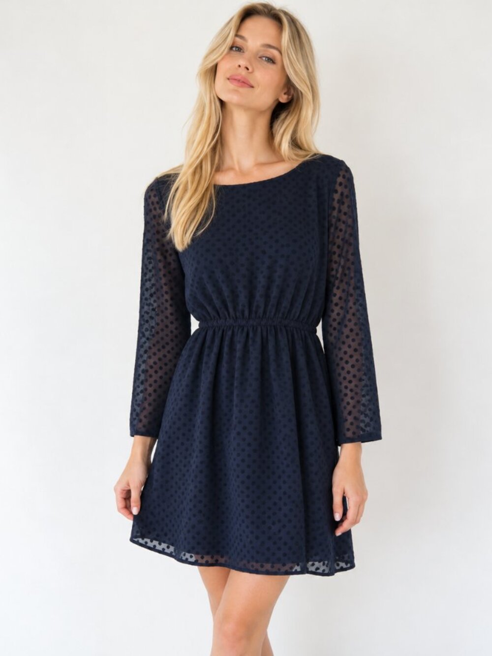 J. Crew Factory Navy Black Swiss Dot Long Sleeve Dress Fit & Flare Boat Neck 2